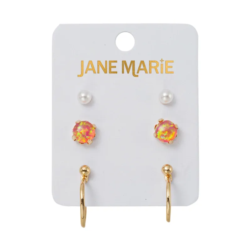 Set of 3 Earrings, Pearl, Pink Opal, Gold Ball with Hoop Jacket sold by Charming Charlie