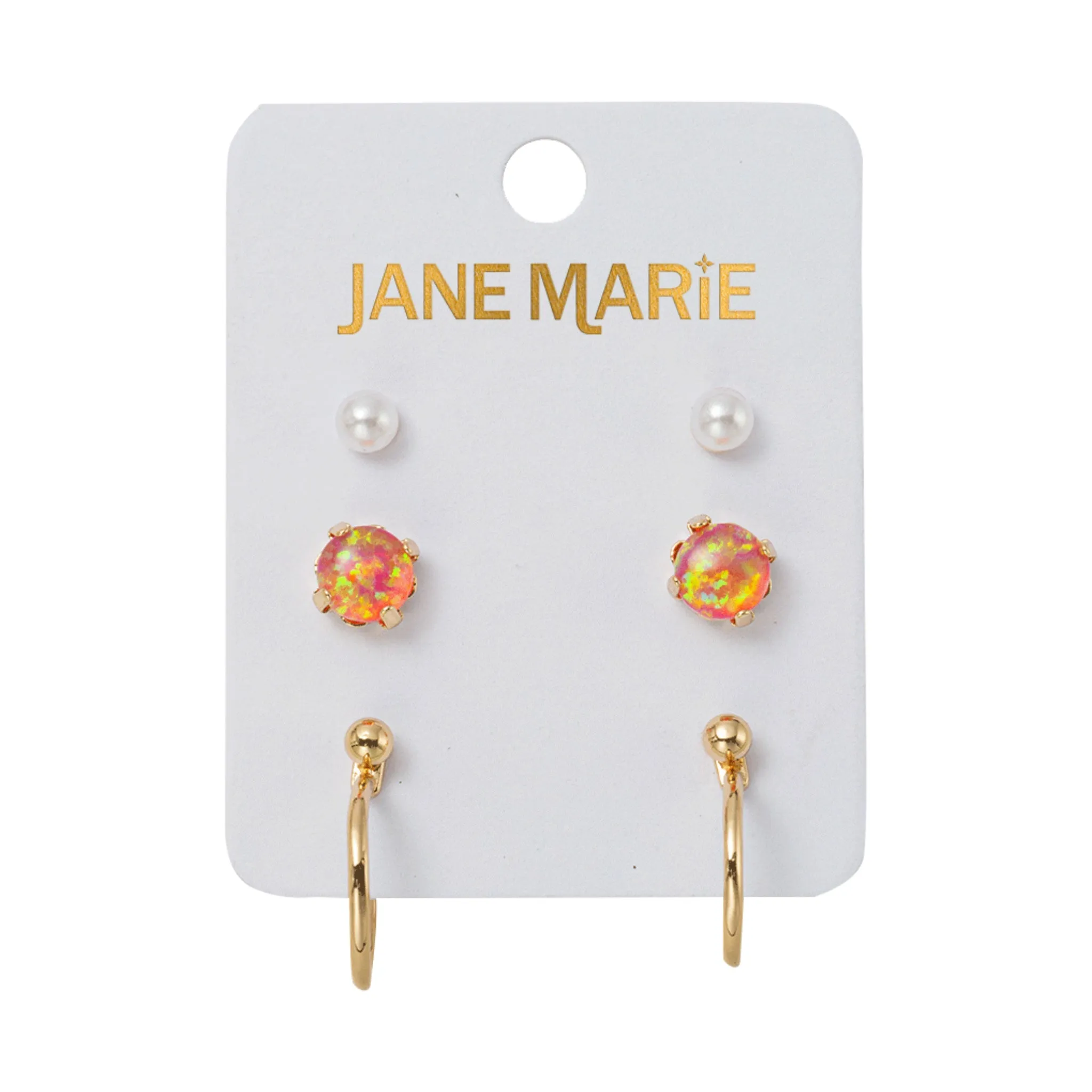 Set of 3 Earrings, Pearl, Pink Opal, Gold Ball with Hoop Jacket sold by Charming Charlie