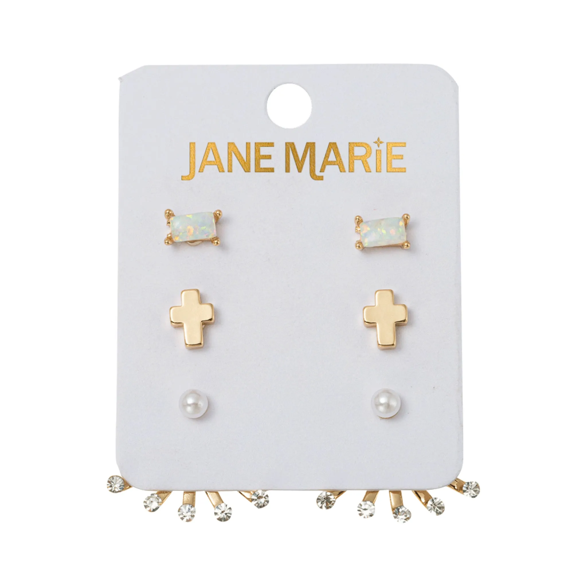 Set of 3 Earrings, Opal Rectangle, Gold Cross, Pearl with Crystal Top Fan Jacket sold by Charming Charlie