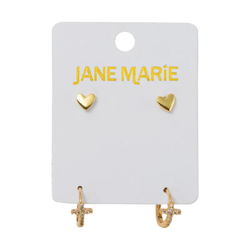 18K Gold Plated Set of 2, Heart with Clear Crystal Cross Huggie Earring sold by Charming Charlie