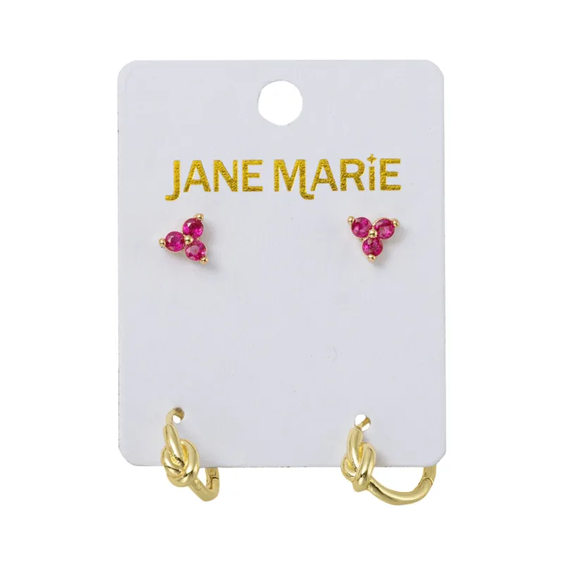 18K Gold Plated Set of 2, Pink Crystal Cluster with Gold Knot Huggie Earring sold by Charming Charlie