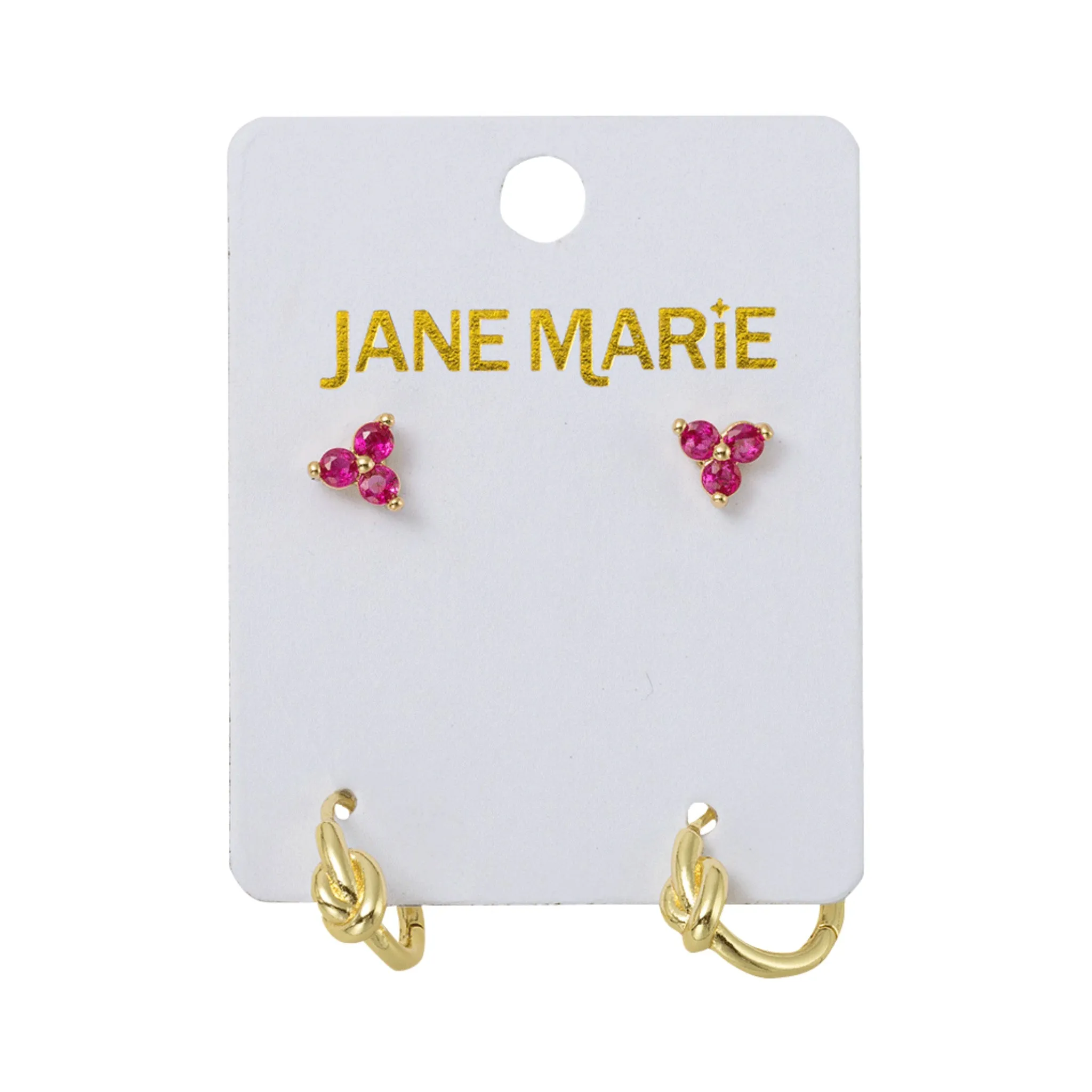 18K Gold Plated Set of 2, Pink Crystal Cluster with Gold Knot Huggie Earring sold by Charming Charlie