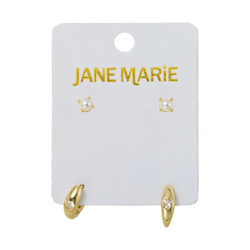 18K Gold Plated Set of 2, Pearl with Clear Crystal Heart Huggie Earring sold by Charming Charlie