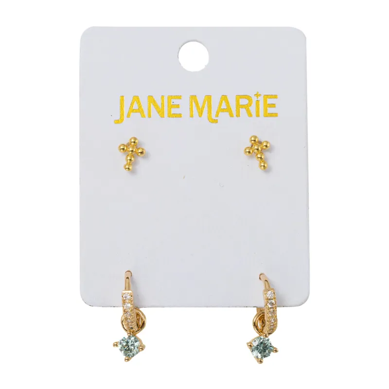 18K Gold Plated Set of 2, Bubble Cross with Light Blue Crystal Huggie Earring sold by Charming Charlie