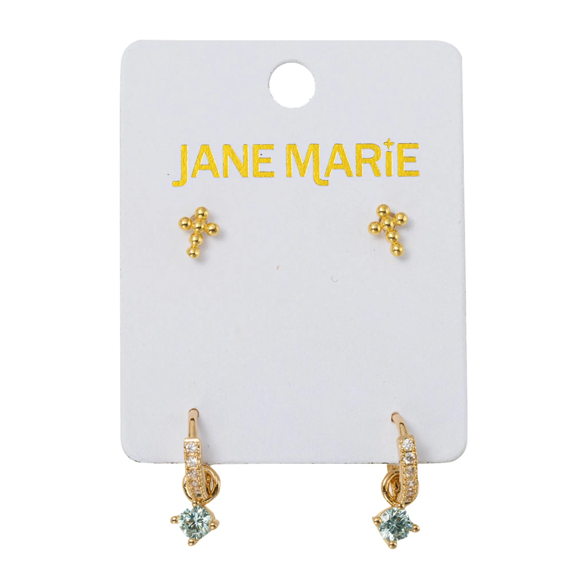 18K Gold Plated Set of 2, Bubble Cross with Light Blue Crystal Huggie Earring sold by Charming Charlie