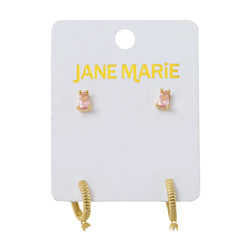 18K Gold Plated Set of 2, Pink Crystal with Clear Crystal Huggie Earring sold by Charming Charlie