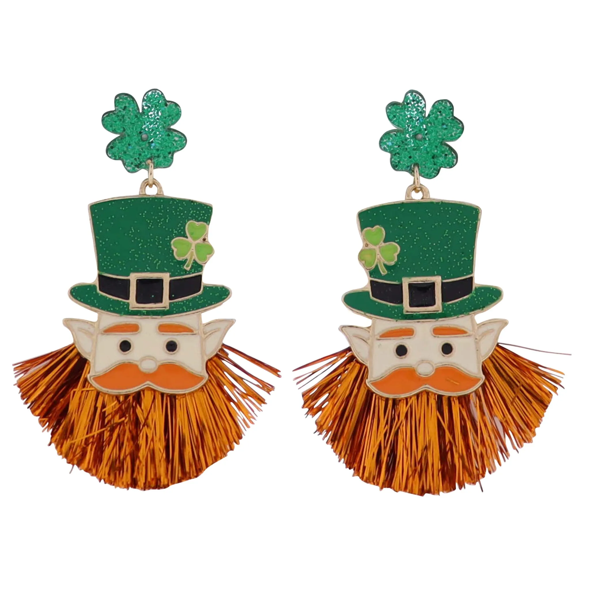 Green, Orange Enamel Leprechaun with Fringe Beard and Green Glitter Clover Earrings sold by Charming Charlie