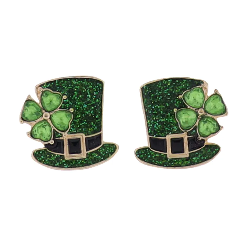 Green, Black Enamel Leprechaun Hat Earrings with Green Crystal Clover sold by Charming Charlie