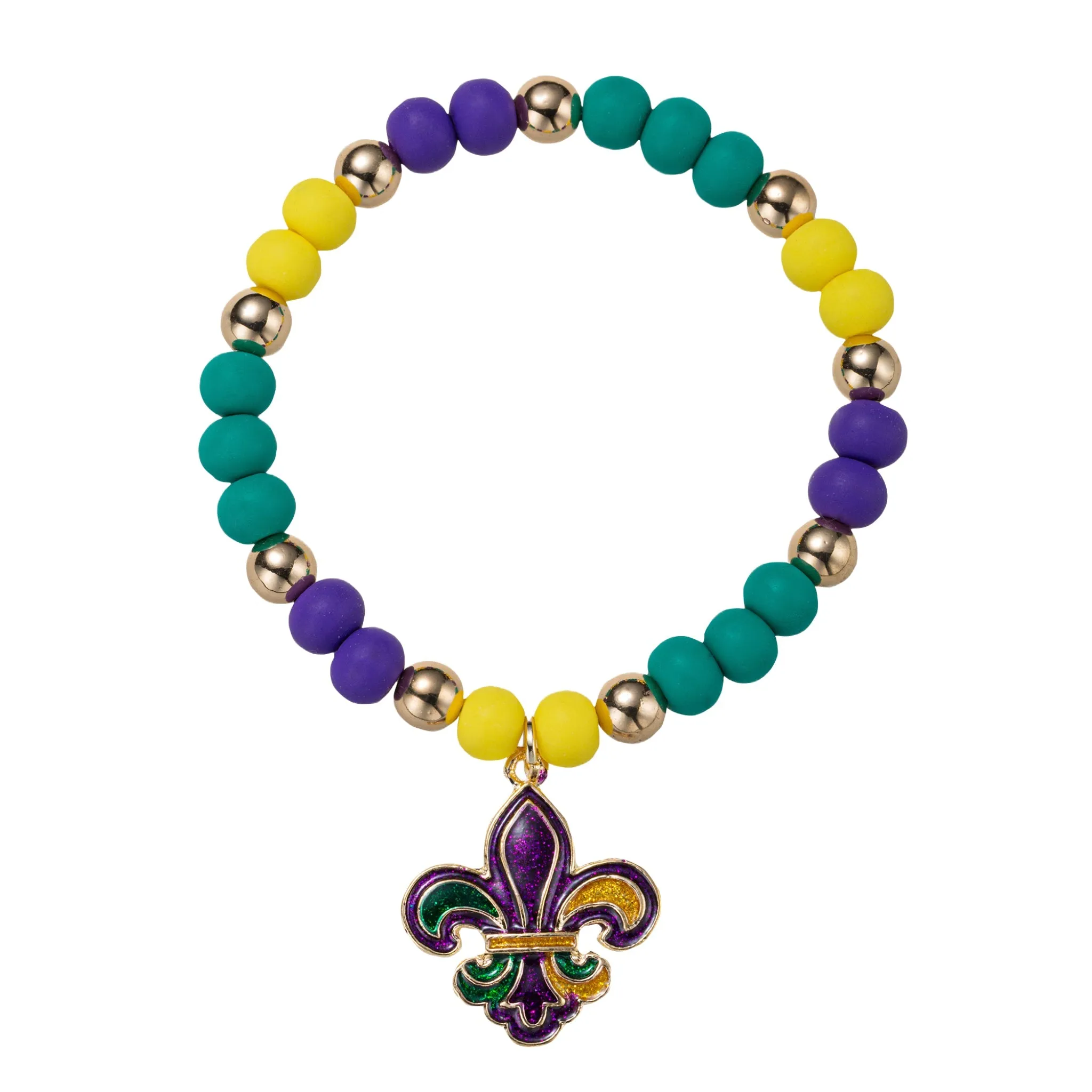 Yellow, Green, Purple, Gold Rubber Ball Beaded Stretch Bracelet with Fleur De Lis Charm sold by Charming Charlie