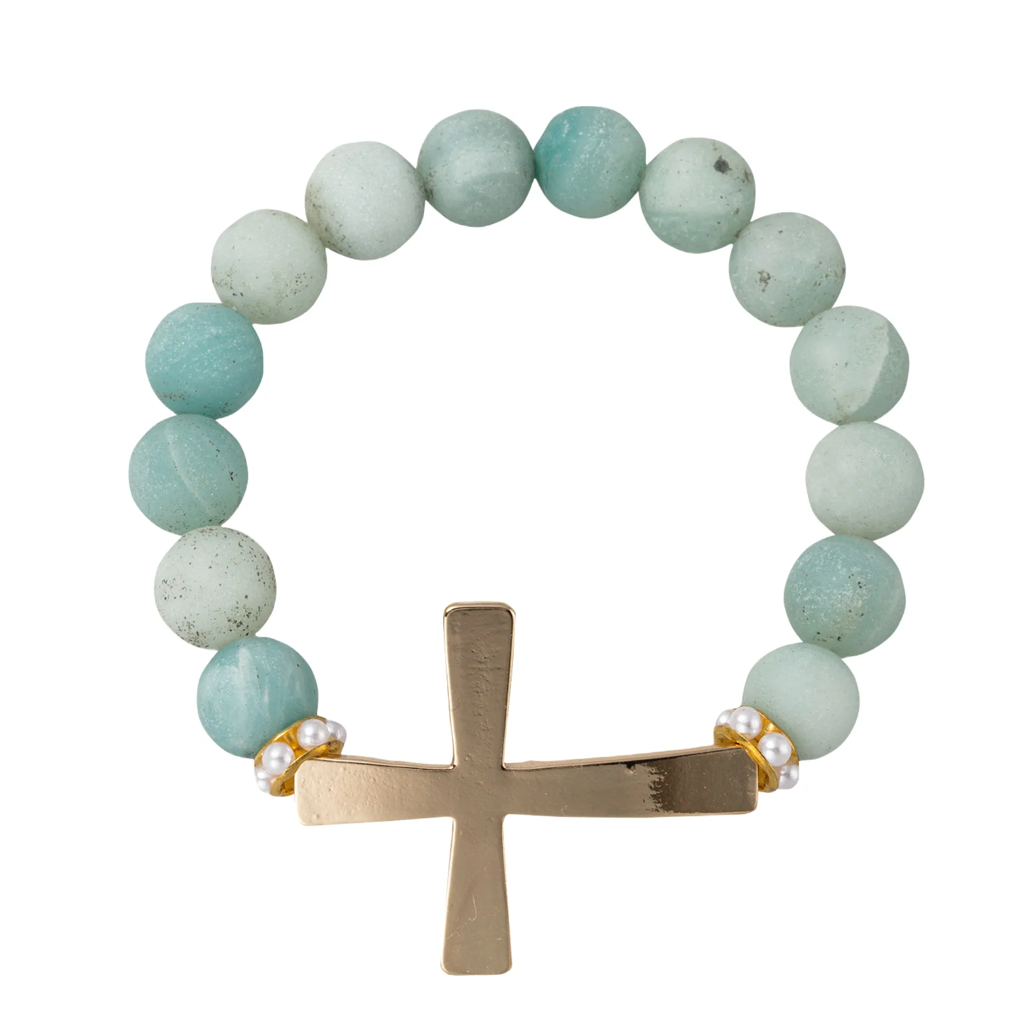 Amazonite Semi Precious Beaded Stretch Bracelet with Gold Cross sold by Charming Charlie