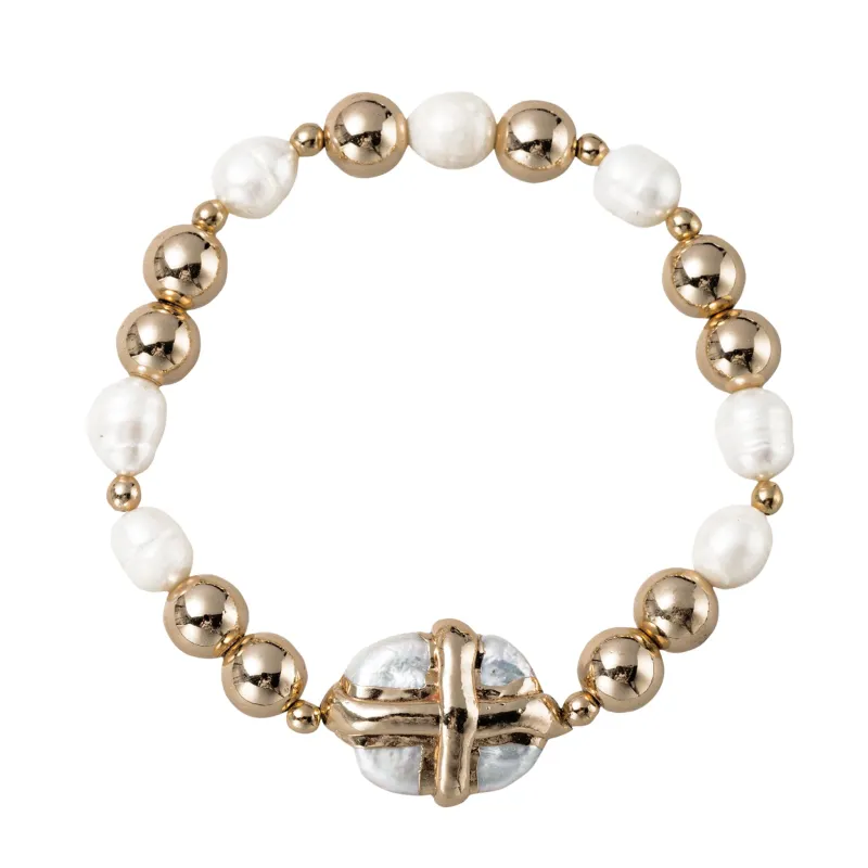 Beaded Stretch Bracelet with Pearl with Wrapped Gold Cross sold by Charming Charlie