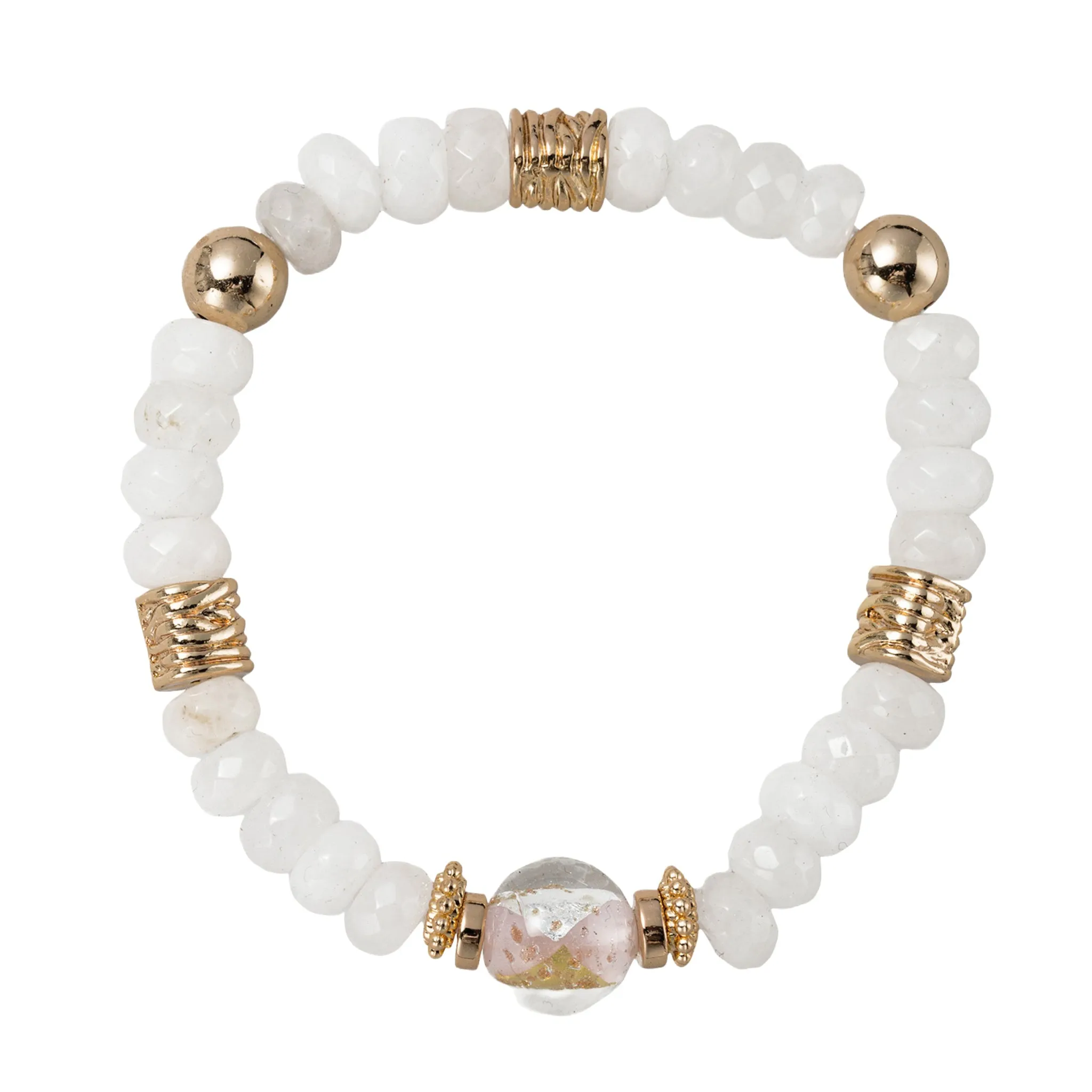 White Beaded Stretch Bracelet with Gold Foil Bead sold by Charming Charlie