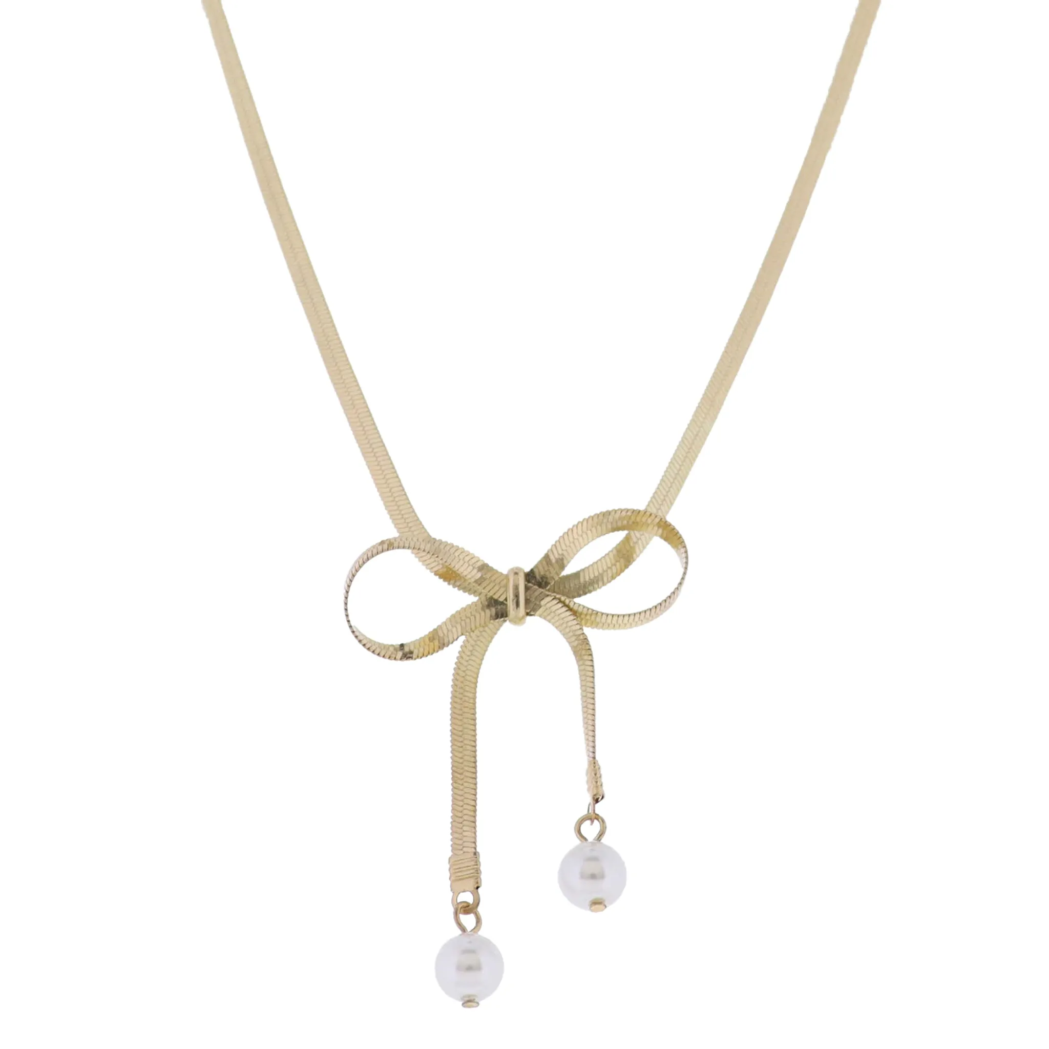 Gold Snake Chain Necklace with Gold Bow with Pearl Ends sold by Charming Charlie