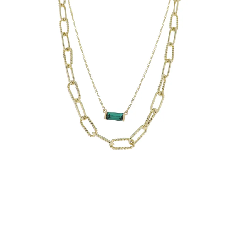 Gold 2 Layer Oval Link, Rolo Chain Necklace with Emerald Crystal Rectangle sold by Charming Charlie
