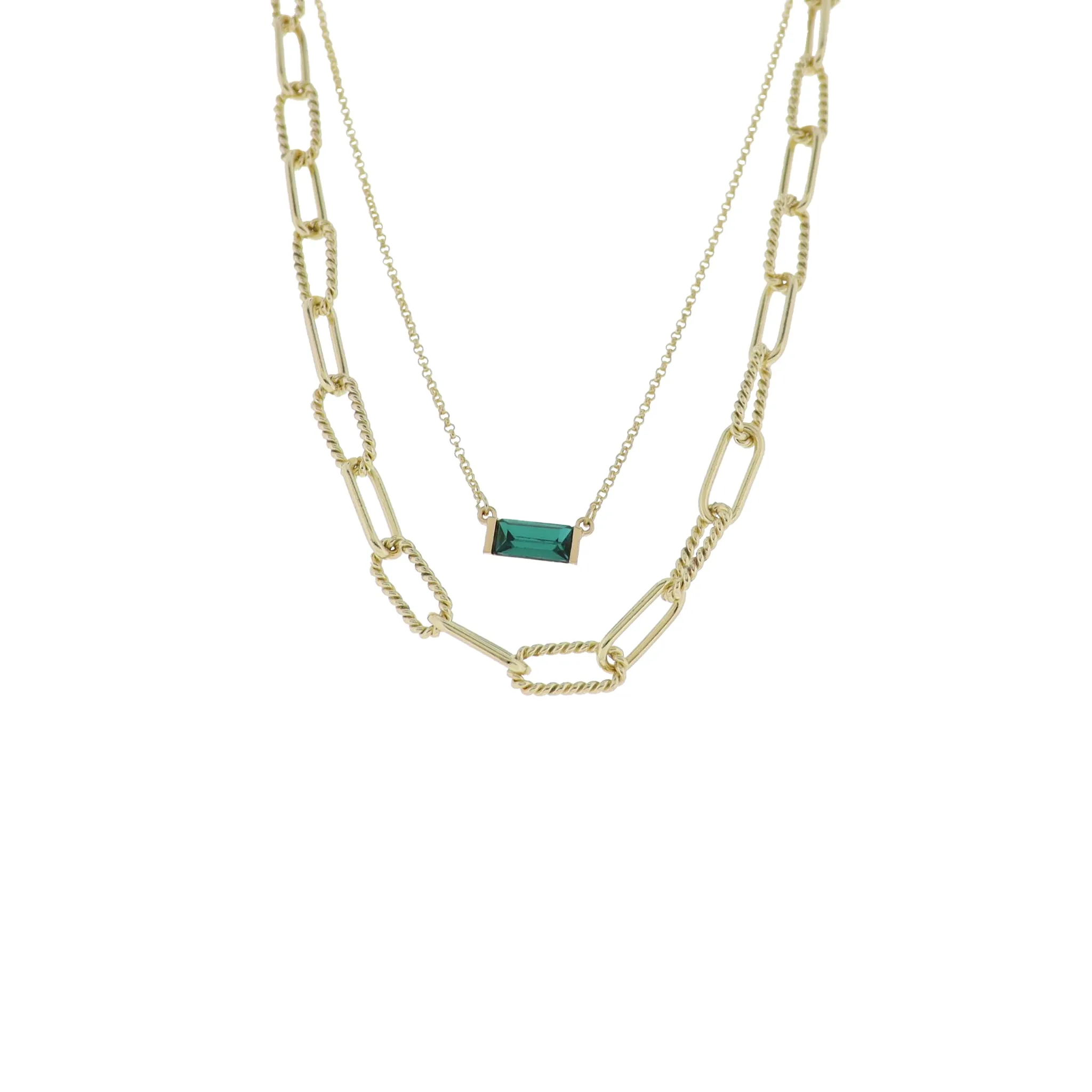 Gold 2 Layer Oval Link, Rolo Chain Necklace with Emerald Crystal Rectangle sold by Charming Charlie