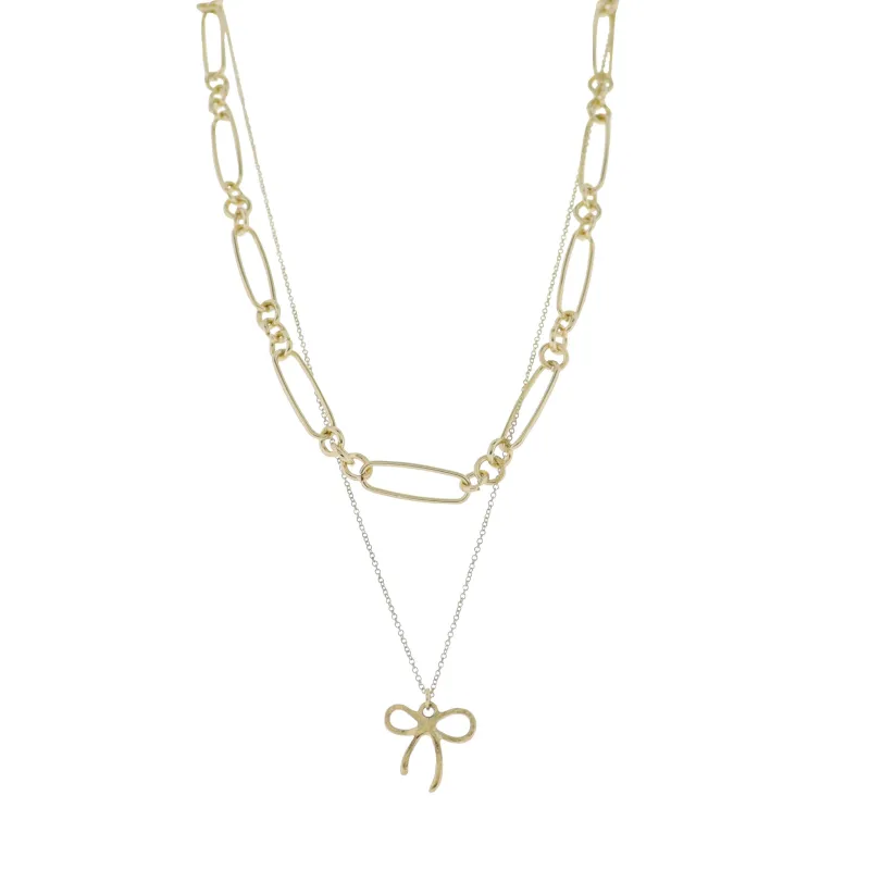 Gold 2 Layer Link, Rolo Chain Necklace with Gold Bow sold by Charming Charlie