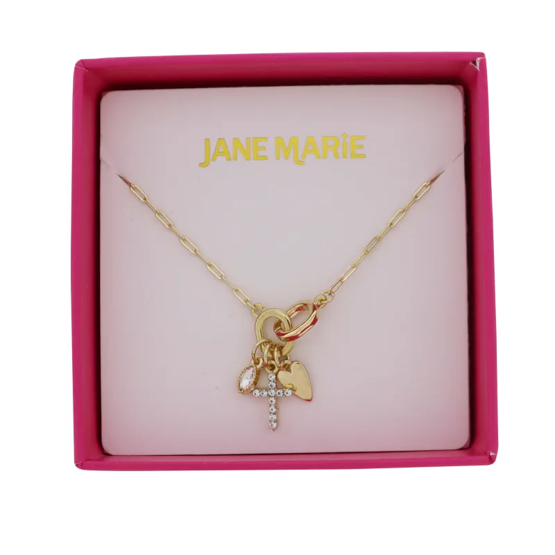 Gold Paperclip Chain Necklace with Clear Oval, Clear Cross, Gold Heart sold by Charming Charlie