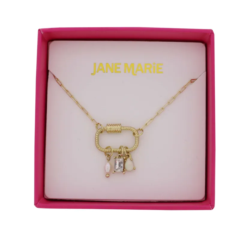 Gold Paperclip Chain Necklace with Carabiner with Pearl, Clear, Opal Charms sold by Charming Charlie