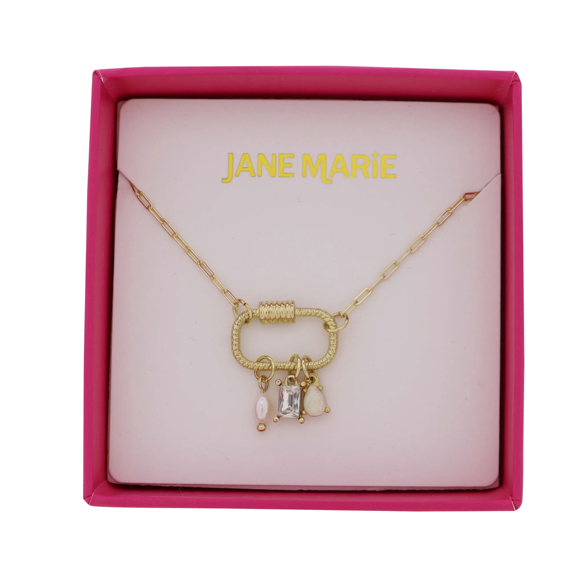 Gold Paperclip Chain Necklace with Carabiner with Pearl, Clear, Opal Charms sold by Charming Charlie