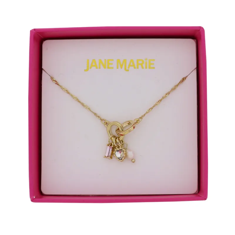 Gold Figaro Chain Necklace with Pink & Black Diamond Crystal, Heart, Pearl sold by Charming Charlie