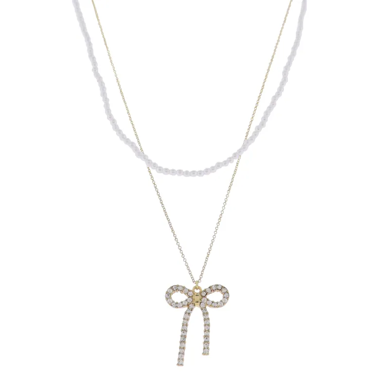 18K Gold Plated 2 Layer Pearl & O-Shape Chain Necklace with Clear Crystal Bow sold by Charming Charlie