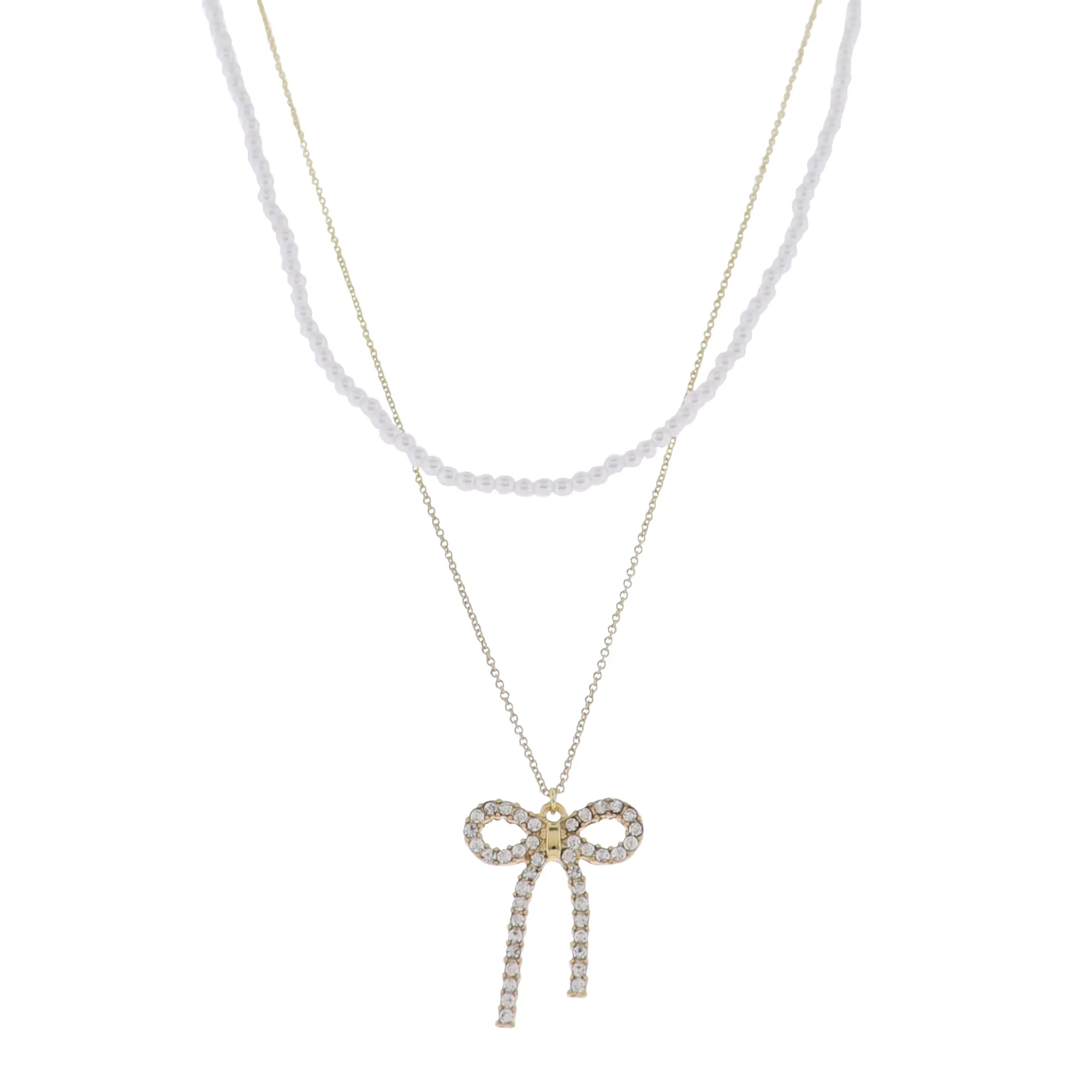 18K Gold Plated 2 Layer Pearl & O-Shape Chain Necklace with Clear Crystal Bow sold by Charming Charlie