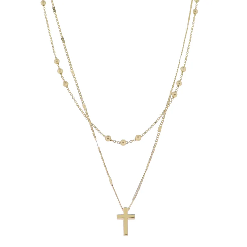 18K Gold Plated 2 Layer Flat Handmade & Ball Chain Necklace with Gold Cross sold by Charming Charlie