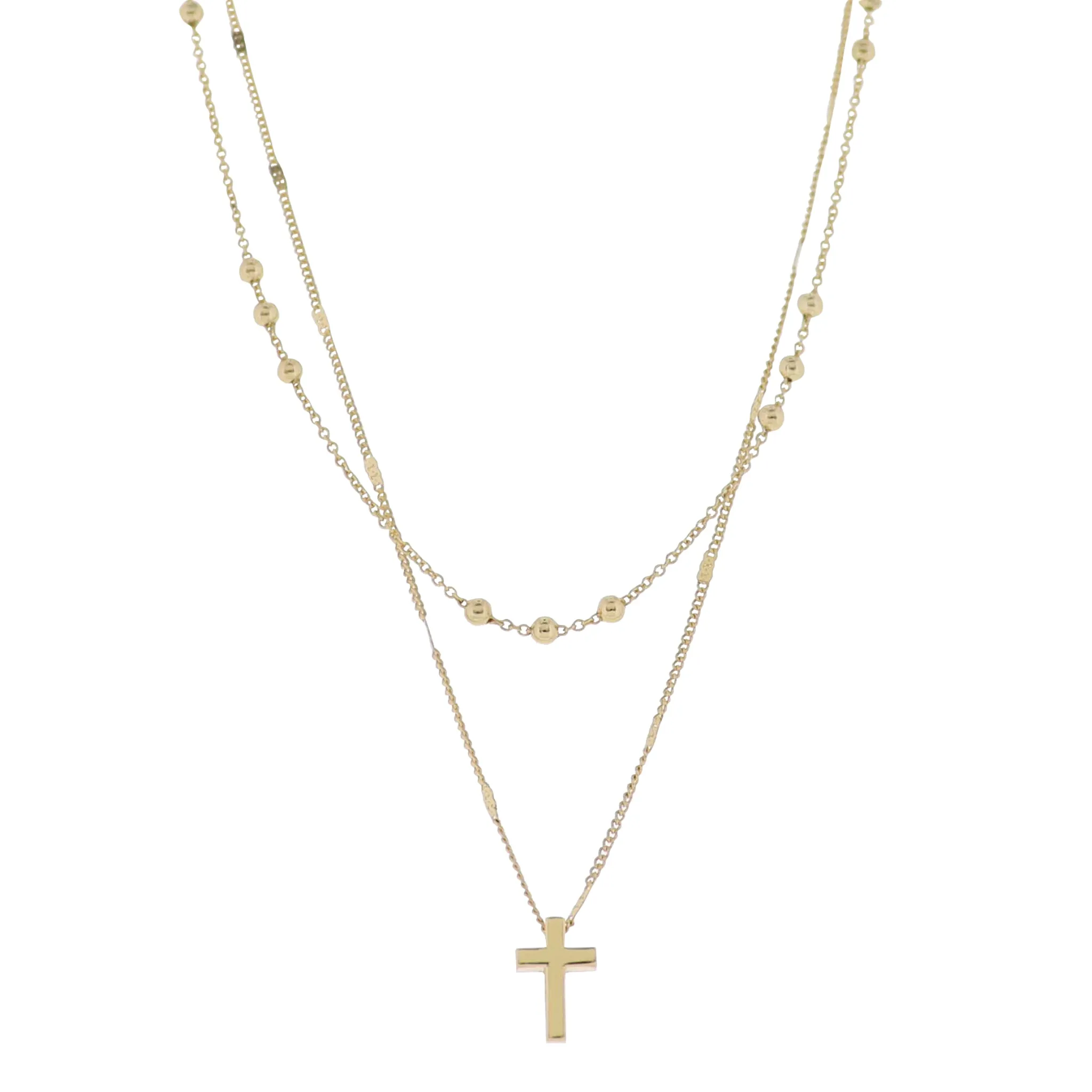 18K Gold Plated 2 Layer Flat Handmade & Ball Chain Necklace with Gold Cross sold by Charming Charlie