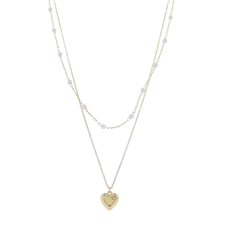 18K Gold Plated 2 Layer Pearl Station & O-Shape Chain Necklace with Gold Bubble Heart sold by Charming Charlie