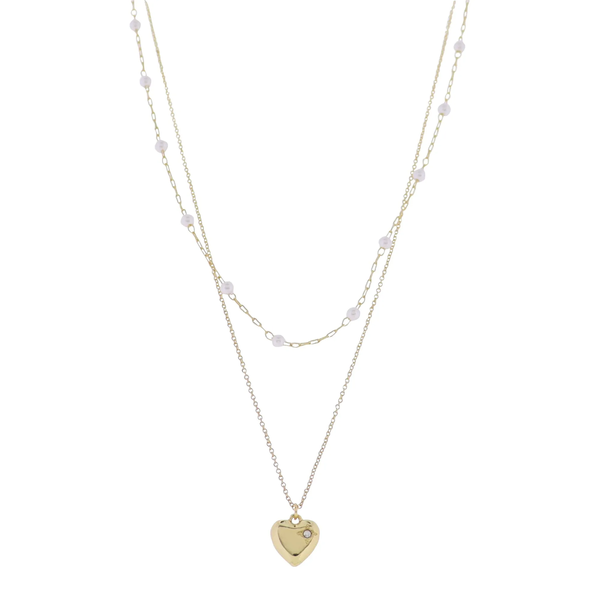 18K Gold Plated 2 Layer Pearl Station & O-Shape Chain Necklace with Gold Bubble Heart sold by Charming Charlie