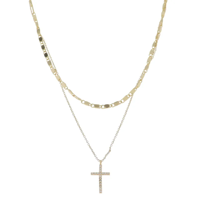 18K Gold Plated 2 Layer Flat Handmade & Rolo Chain Necklace with Clear Crystal Cross sold by Charming Charlie