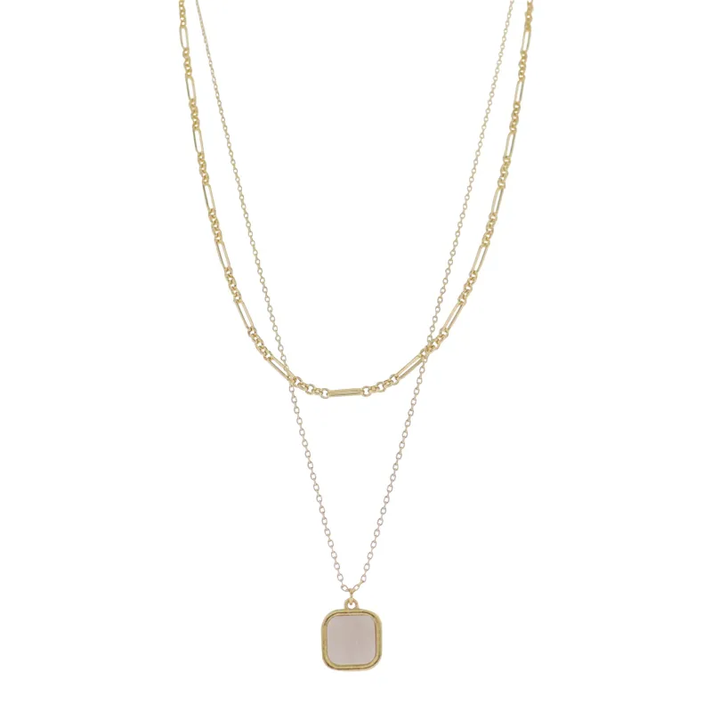 18K Gold Plated 2 Layer Oval, Round Link, Cable Chain Necklace with White Sqaure Stone sold by Charming Charlie