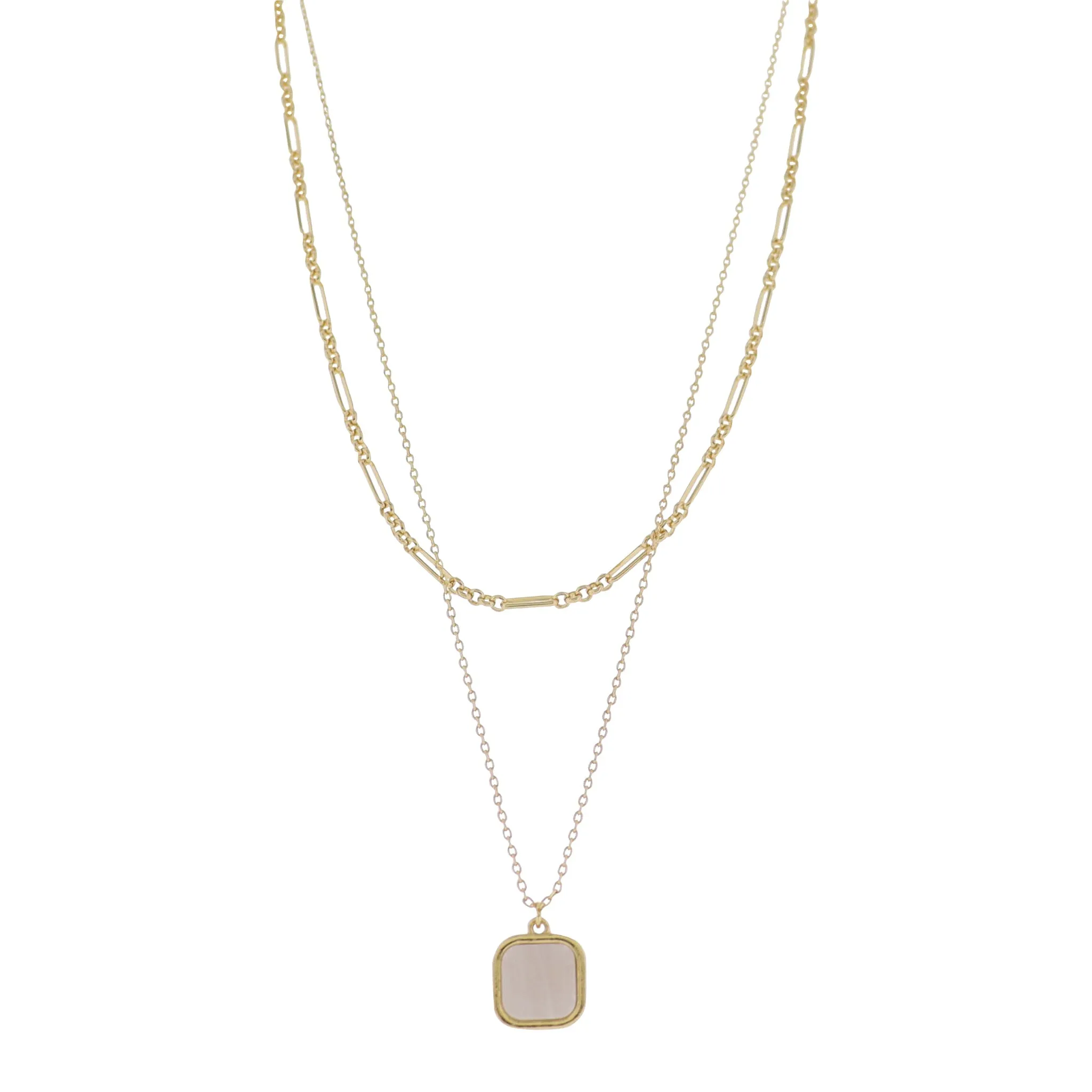 18K Gold Plated 2 Layer Oval, Round Link, Cable Chain Necklace with White Sqaure Stone sold by Charming Charlie
