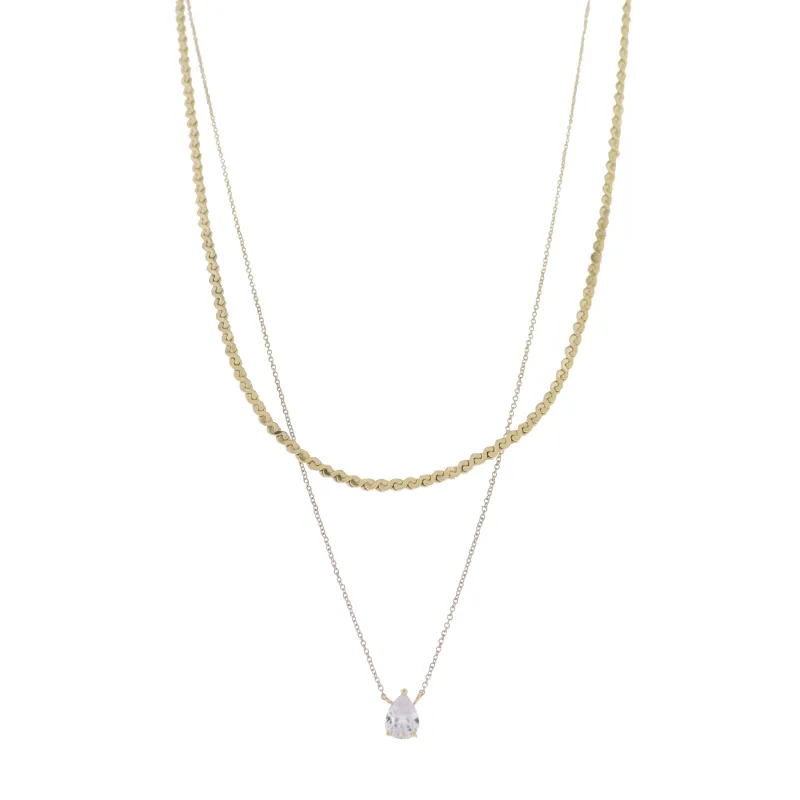 18K Gold Plated 2 Layer Wave & Rolo Chain Necklace with Clear Crystal Teardrop sold by Charming Charlie