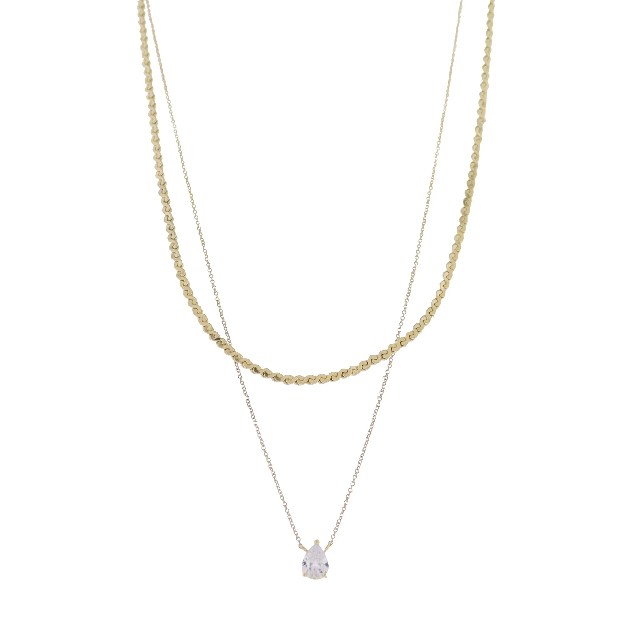 18K Gold Plated 2 Layer Wave & Rolo Chain Necklace with Clear Crystal Teardrop sold by Charming Charlie