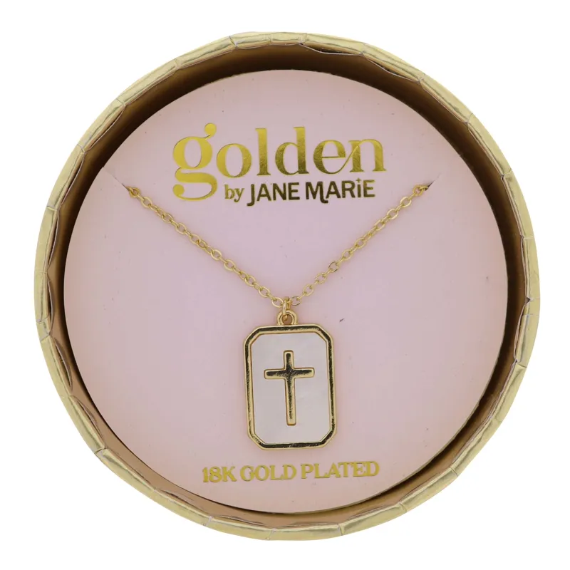 18K Gold Plated Cable Chain Necklace with White Shell Rectangle with Cross sold by Charming Charlie