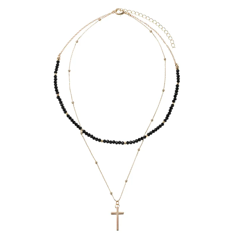 Jet, Gold Beaded 2 Layer Necklace with Gold Cross sold by Charming Charlie