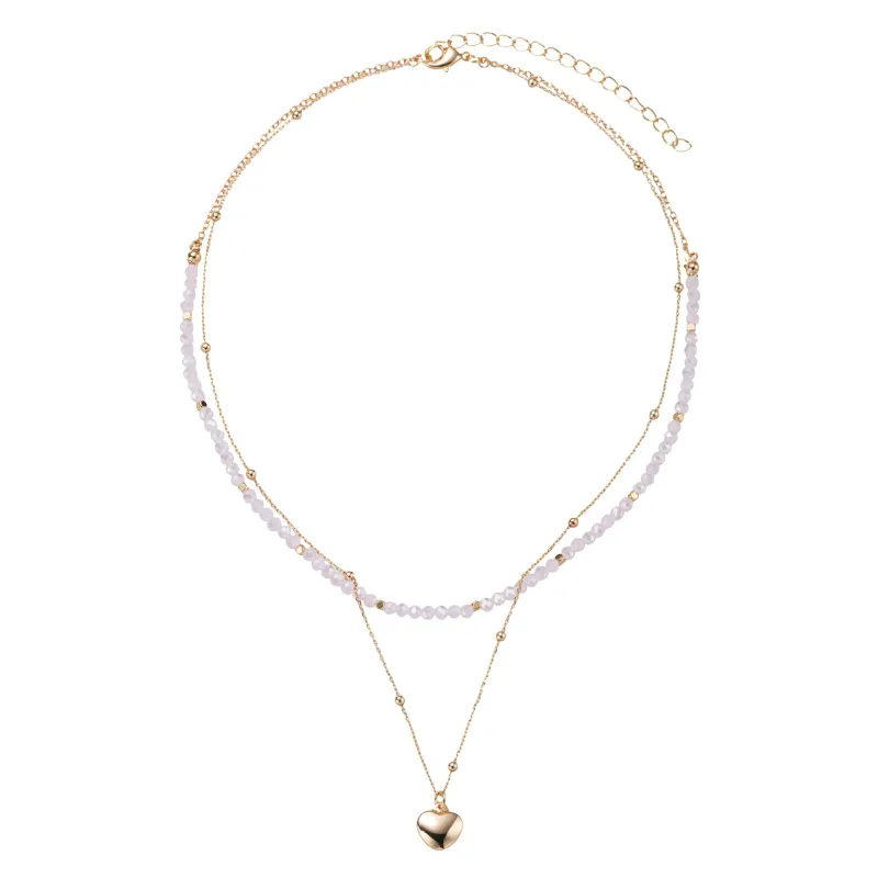 Light Pink, Gold Beaded 2 Layer Necklace with Gold Heart sold by Charming Charlie