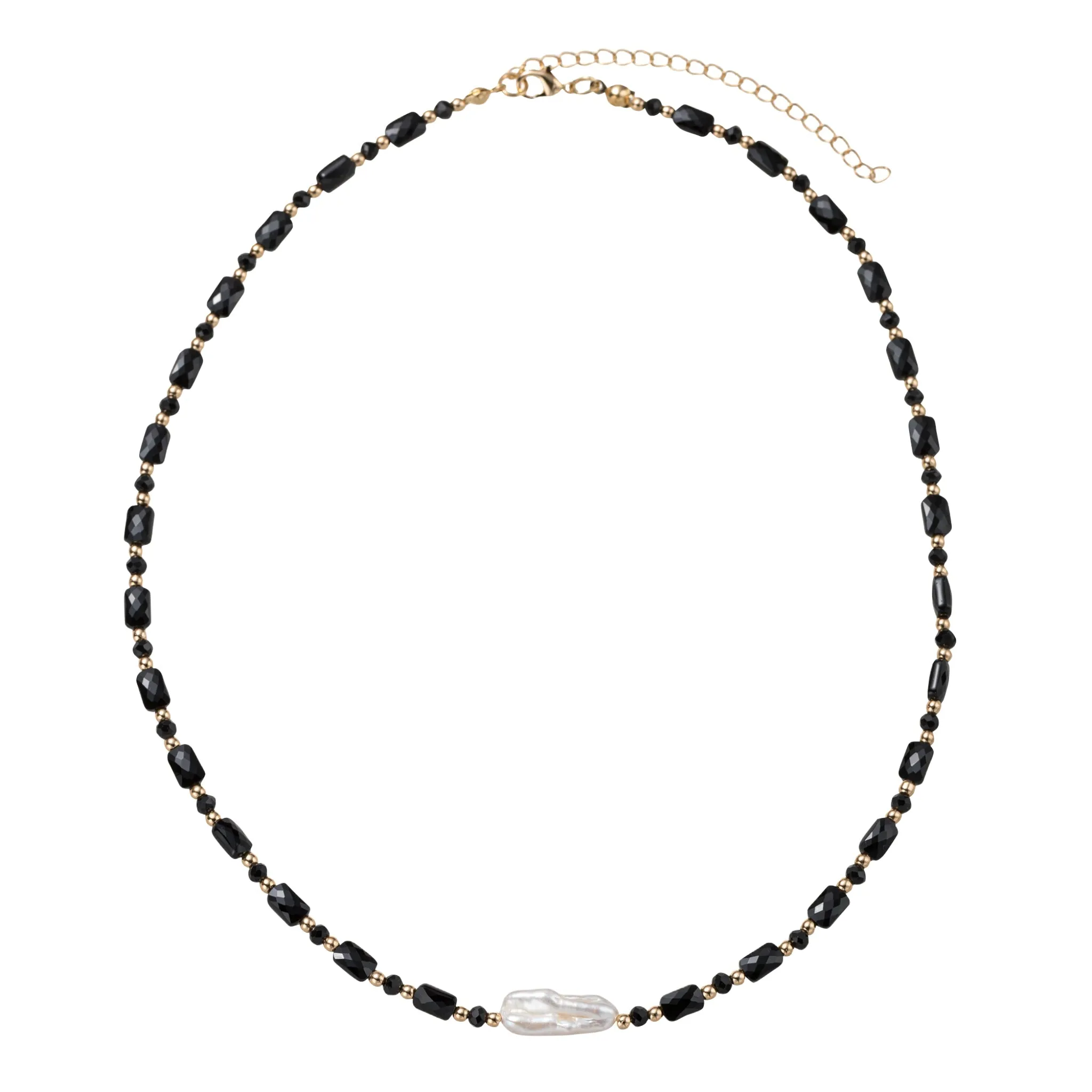 Jet, Gold Beaded Necklace with Pearl Rectangle sold by Charming Charlie