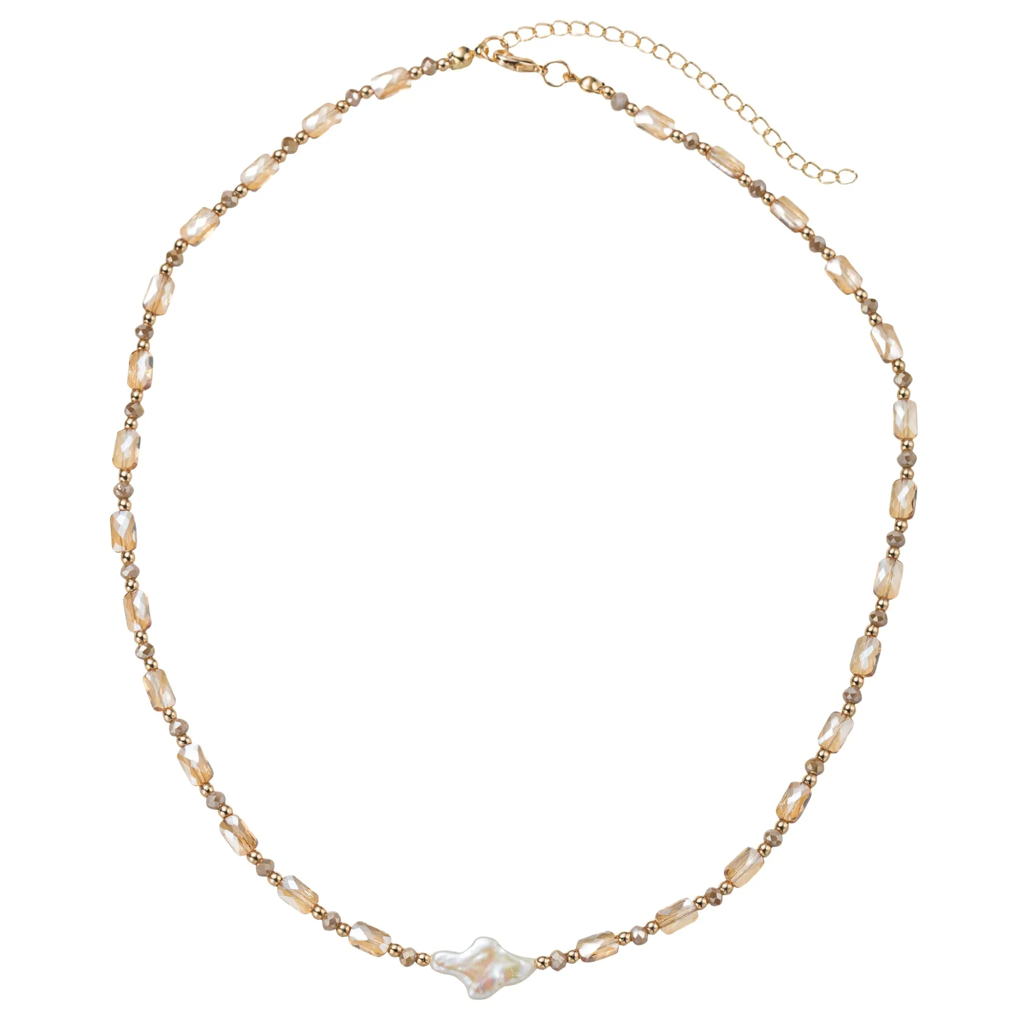 Champagne, Greige, Gold Beaded Necklace with Pearl Cross sold by Charming Charlie