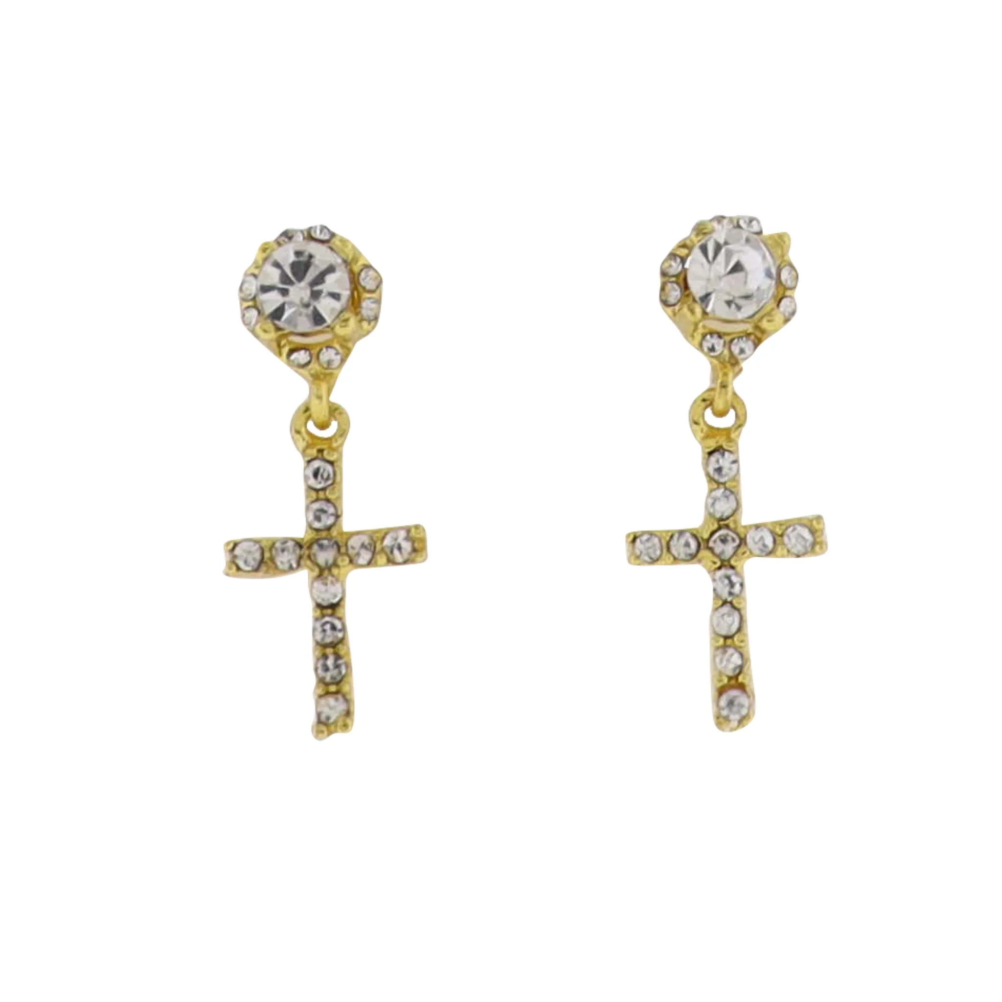 Gold Clear Crystal Stud Earring with Clear Crystal Cross sold by Charming Charlie