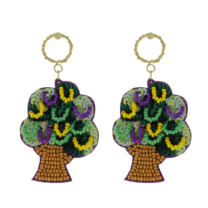 Purple, Green, Yellow Mardi Gras Tree Beaded Earrings sold by Charming Charlie