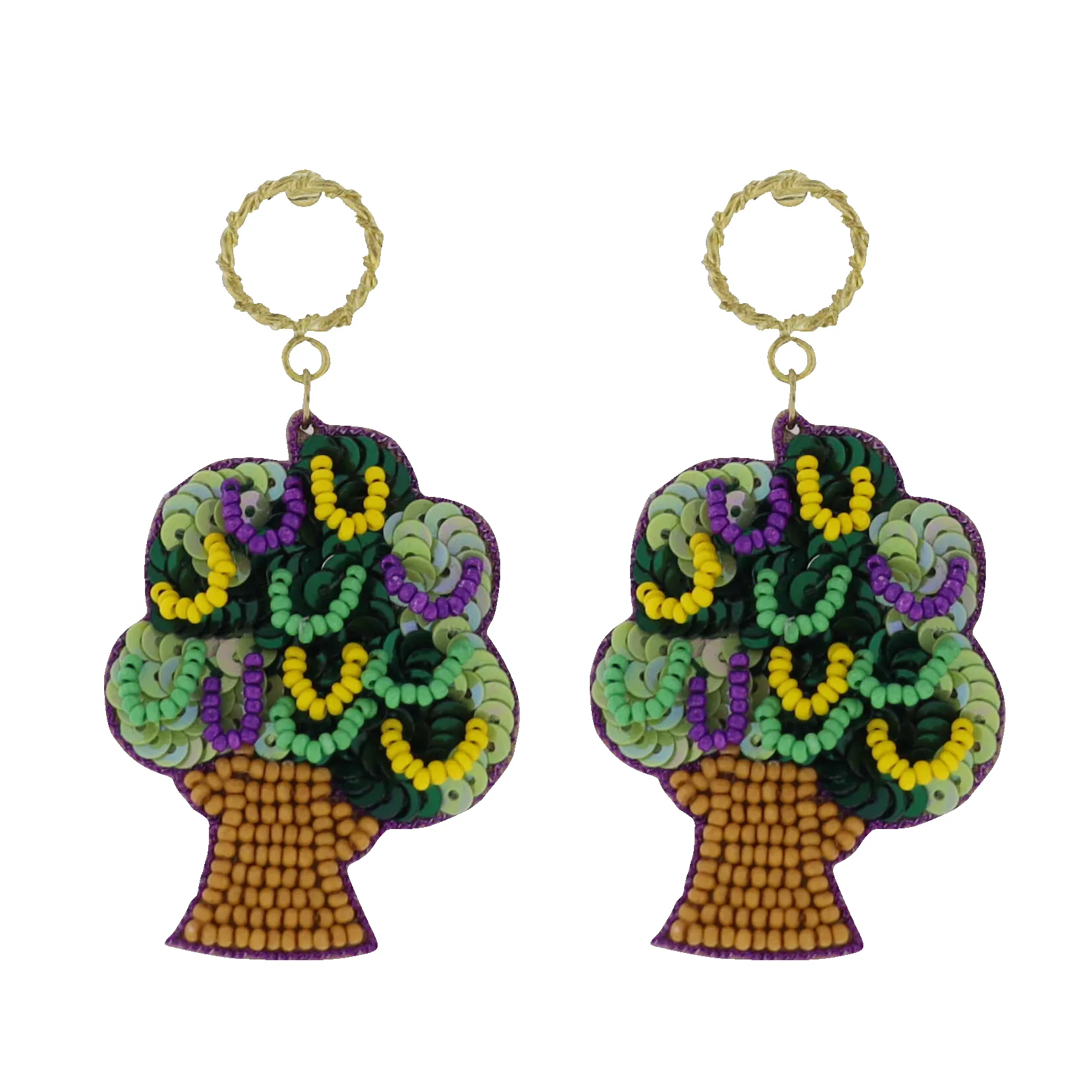 Purple, Green, Yellow Mardi Gras Tree Beaded Earrings sold by Charming Charlie