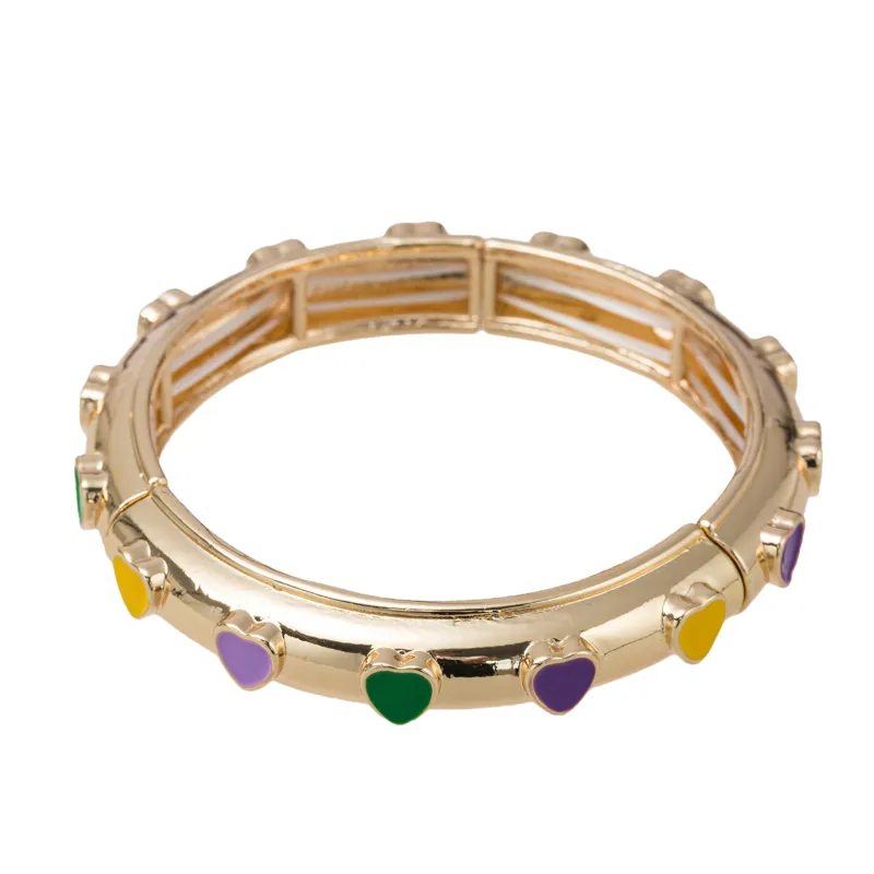 Gold Bangle Stretch Bracelet with Purple, Yellow, Green Enamel Hearts sold by Charming Charlie