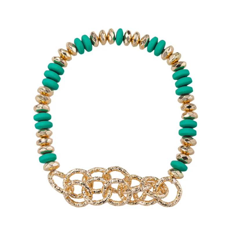 Green, Gold Rondelle Beaded Stretch Bracelet with Gold Circle Chain sold by Charming Charlie