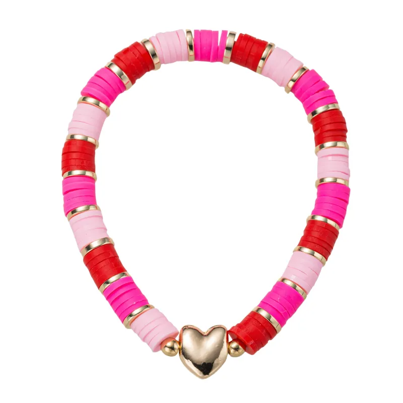 Red, Hot Pink, Light Pink Rubber Disk Beaded Stretch Bracelet with Gold Heart sold by Charming Charlie