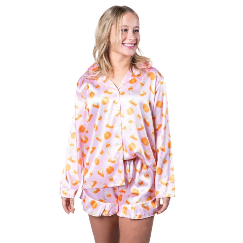 Pumpkin Pie Satin Pajama Long Sleeve Short Set sold by Charming Charlie