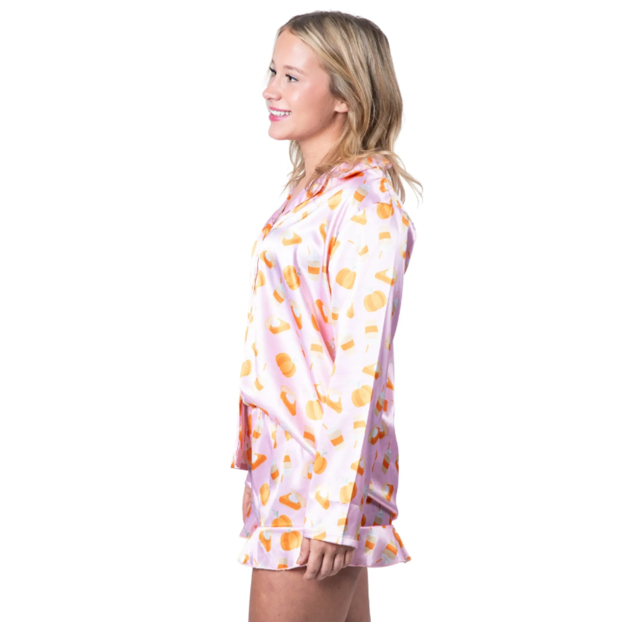 Pumpkin Pie Satin Pajama Long Sleeve Short Set sold by Charming Charlie product image thumbnail 2