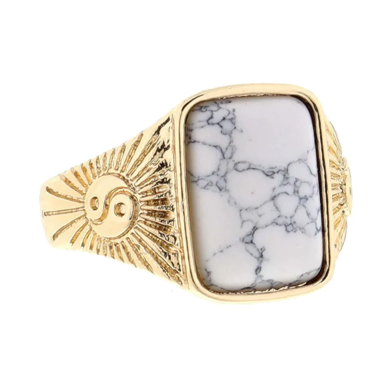 Howlite Rectangle on Gold Yin Yang Designs Signet Ring sold by Charming Charlie