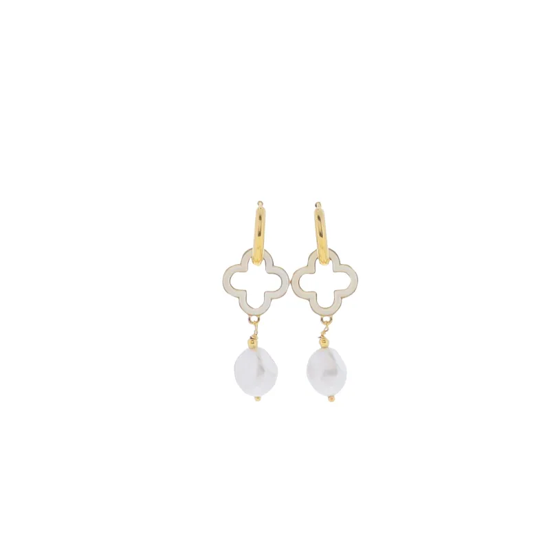 18K Gold Plated Huggie with White Enamel Quatrefoil & Pearl Drop Earring sold by Charming Charlie